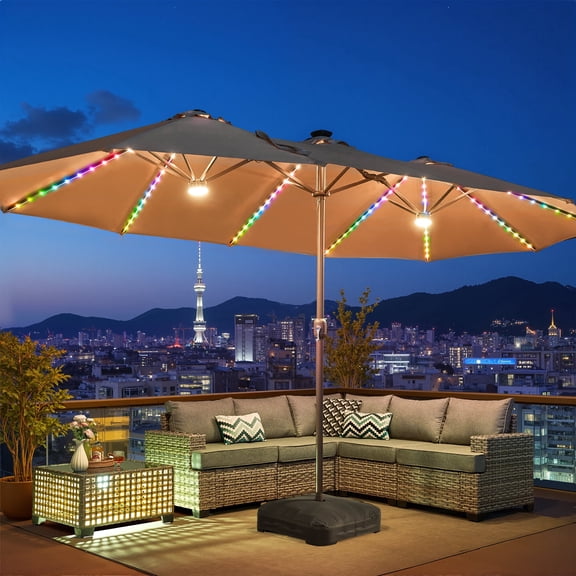 OLINOA 15ft Patio Umbrella with Base, Multi-color Smart Solar LED Lights Double-Sided Outdoor Umbrella Extra Large Umbrella for Rectangle Backyard Garden Deck, Khaki