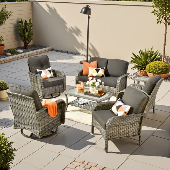 OLINOA 7 Piece Outdoor Patio Furniture All-Weather Wicker Conversation Set with 2 Swivel Chairs, Loveseat, 2 Armchairs, Coffee Table & Side Table for Backyard Garden Porch, Black