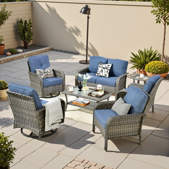 OLINOA 7 Piece Outdoor Patio Furniture All-Weather Wicker Conversation Set with 2 Swivel Chairs, Loveseat, 2 Armchairs, Coffee Table & Side Table for Backyard Garden Porch, Denim Blue