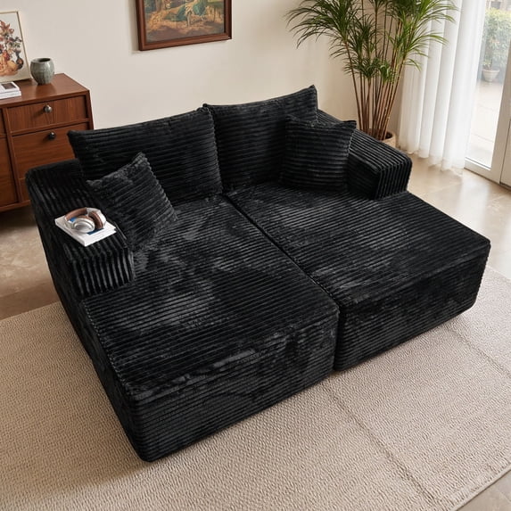 OLINOA 74.81" Corduroy Sectional Sofa, No Assembly Required Deep Seat Modular Couch with Wide Arms, High-Density Foam, 2-Piece Living Room Sofa Set, Black