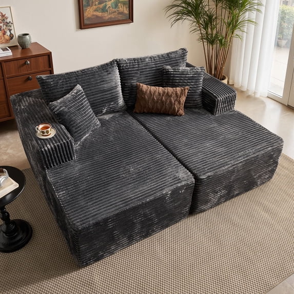 OLINOA 74.81" Corduroy Sectional Sofa, No Assembly Required Deep Seat Modular Couch with Wide Arms, High-Density Foam, 2-Piece Living Room Sofa Set, Gray