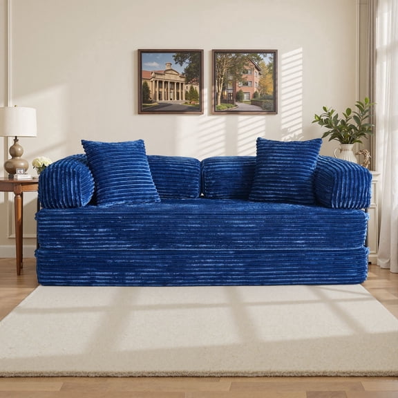 OLINOA 80.5" Corduroy Convertible Sofa Bed, 2-in-1 Loveseat Sleeper Sofa with High-Density Foam, Pocket Springs and Metal Frame, No Assembly Required, Blue