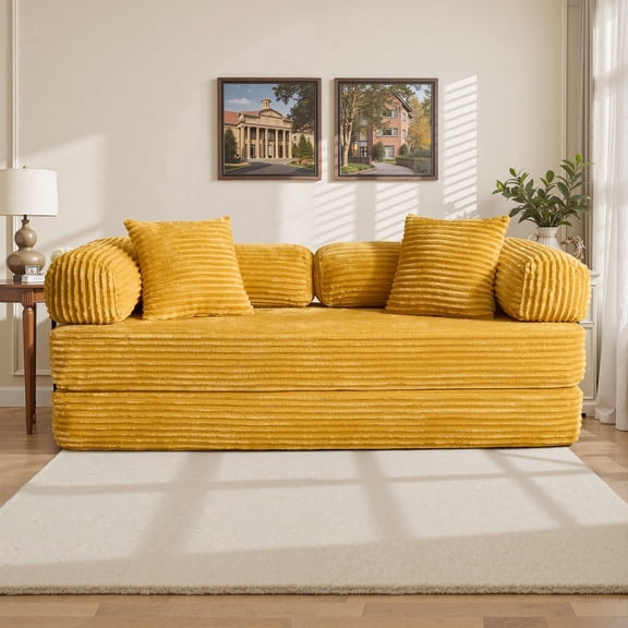 OLINOA 80.5" Corduroy Convertible Sofa Bed, 2-in-1 Loveseat Sleeper Sofa with High-Density Foam, Pocket Springs and Metal Frame, No Assembly Required, Yellow