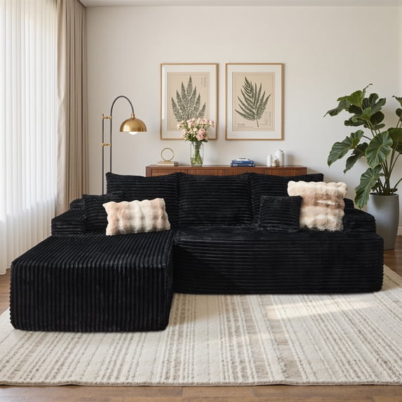 OLINOA 96" Cloud Sofa Couch No Assembly Boneless Sectional, Modern Comfy Corduroy Deep Seat Floor L-Shape Chaise Couch for Living Room Apartment, Black