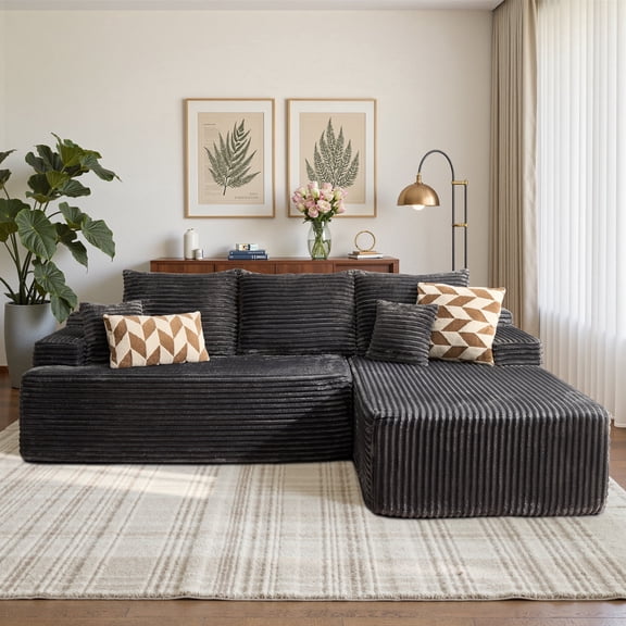 OLINOA 96" Cloud Sofa Couch No Assembly Boneless Sectional, Modern Comfy Corduroy Deep Seat Floor L-Shape Chaise Couch for Living Room Apartment, Gray