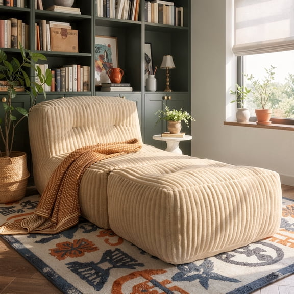 OLINOA Bean Bag Chair with Ottoman, Ergonomic Lazy Lounge Chair Set with High-Density Foam, Plush Fabric Floor Sofa Couch for Living Room, Bedroom, Reading Nook, Beige
