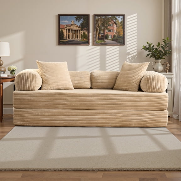 OLINOA Convertible Loveseat Sofa Bed, Plush Corduroy Sleeper Sofa with 25" Deep Seat, High-Density Foam & Spring Cushions, No Assembly Required, Pull-Out Floor Bed for Living Room, Beige