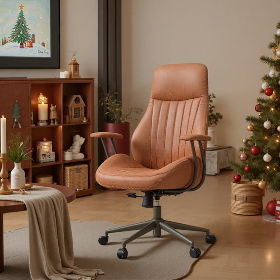 OLINOA High Back Office Chair with Wheels, Suede Fabric Ergonomic Desk Chair with Adjustable Height, Reclining Backrest, Padded Armrests for Home Office, Conference Room, Brown