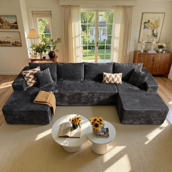 OLINOA Modern U-Shaped Corduroy Sectional Sofa with Deep Seats, Wide Arms and Chaise, High-Density Foam, No Assembly Required, Gray