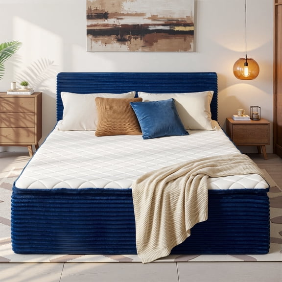 OLINOA Queen Hybrid Mattress Memory Foam Mattress Bed with Headboard, Medium Firm Bed in a Box, No Assembly Required & No Bed Frame Needed for Bedrooms, Apartment, Blue