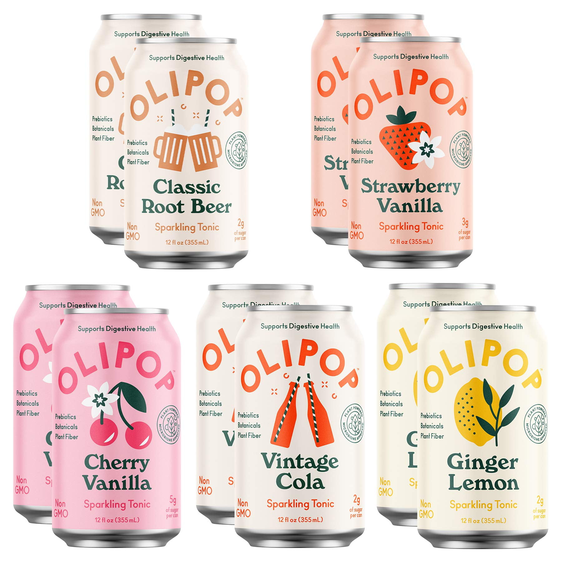 OLIPOP - 5-Flavor Soda Variety Pack, Healthy Soda Sampler, Prebiotic Soft Drinks, Supports Digestive Health & Gut Health, 9g of Dietary Plant Fiber, Low Calorie, Low Sugar, Vegan (12 oz, 10-Pack)