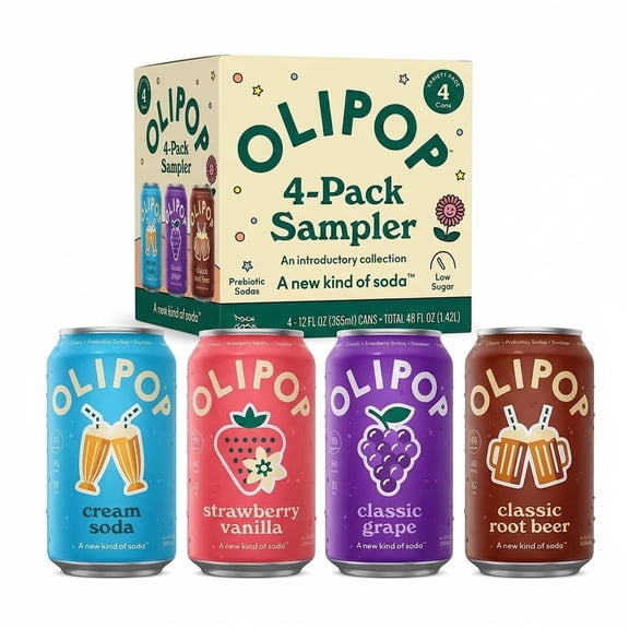 OLIPOP 6g Fiber Prebiotic Soda, Classics Variety Pack, 12 fl oz, 4 Pack, Shelf Stable