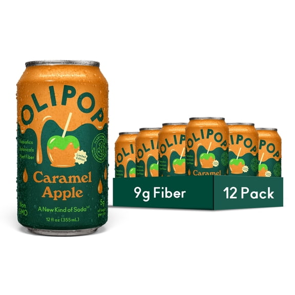 OLIPOP 9g Fiber Prebiotic Soda, Caramel Apple 12 fl oz, 12 Pack, Refrigerated