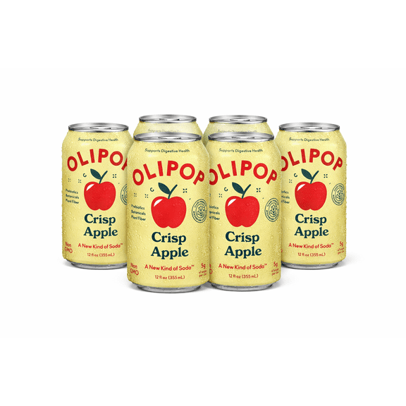OLIPOP Crisp Apple Prebiotic Soda, 6 Pack, 12 fl oz Cans