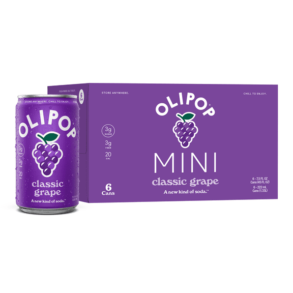 OLIPOP MINIs 3g Fiber Prebiotic Soda, Classic Grape, 7.5 fl oz, 6 Pack, Shelf Stable