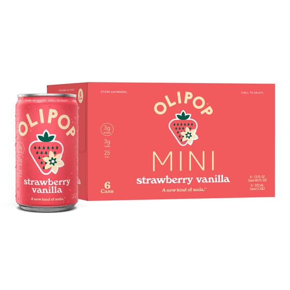 OLIPOP MINIs 3g Fiber Prebiotic Soda, Strawberry Vanilla, 7.5 fl oz, 6 Pack, Shelf Stable
