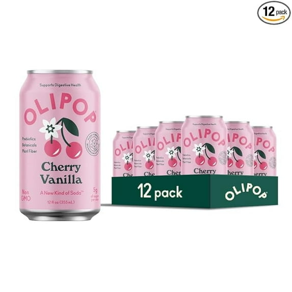 OLIPOP Prebiotic Soda, Cherry Vanilla, 12oz Cans, 12-Pack