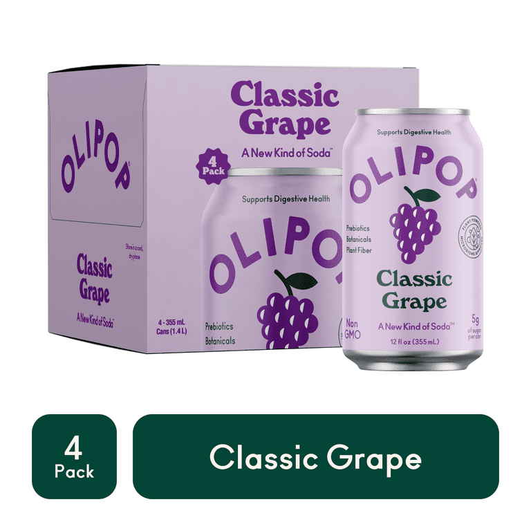 OLIPOP Prebiotic Soda, Classic Grape, 12 FL Oz, 4 Pack, Non