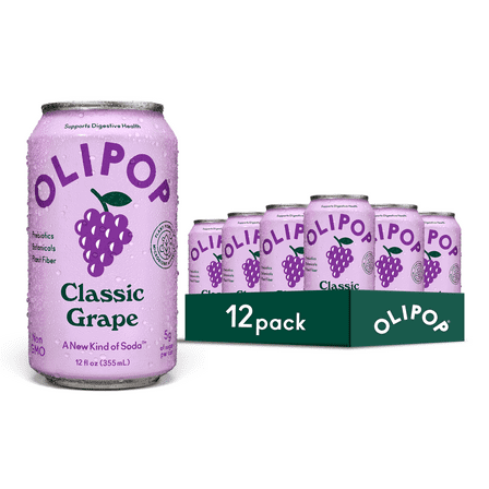 Olipop Prebiotic Soda Pop, Classic Grape, High Fiber, 12 fl oz 12 Pack