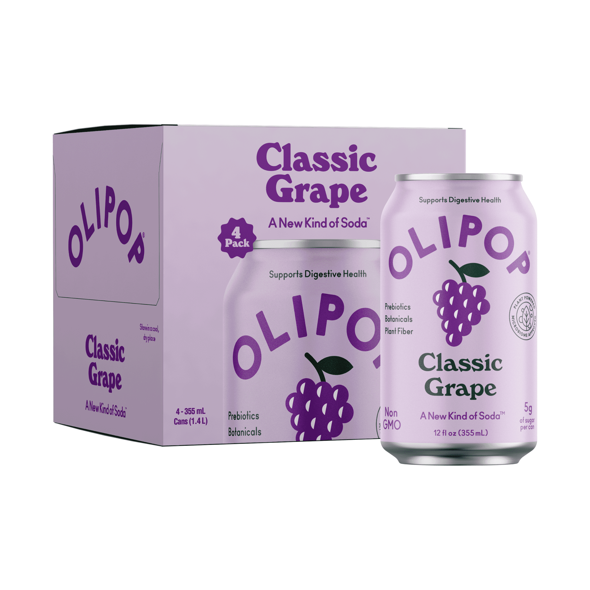 OLIPOP Prebiotic Soda, Classic Grape, 12 fl oz, 4 Pack, Pantry Packs
