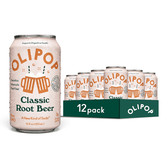 Olipop Prebiotic Soda Pop, Classic Root Beer, High Fiber, 12 fl oz 12 Pack