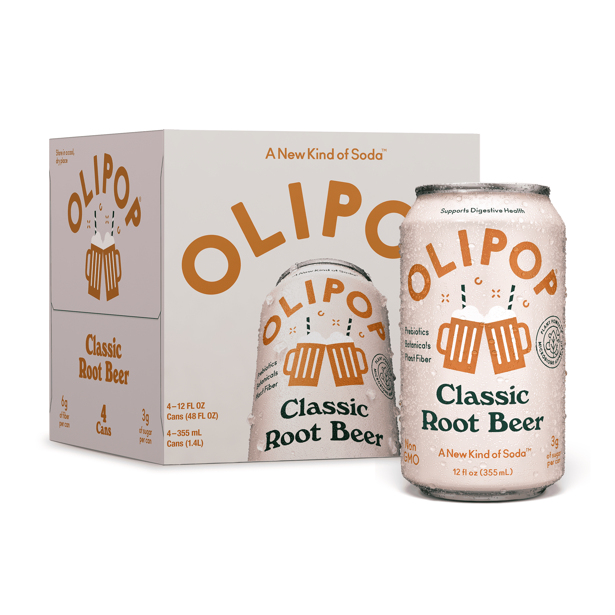 ぼくぼく OLIPOP Prebiotic Soda, Classic Root Beer, 12 fl oz, 4 Pack, Pantry