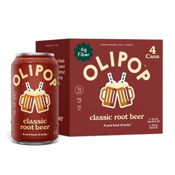 OLIPOP Prebiotic Soda, Classic Root Beer, 12 fl oz, 4 Pack, Pantry Packs