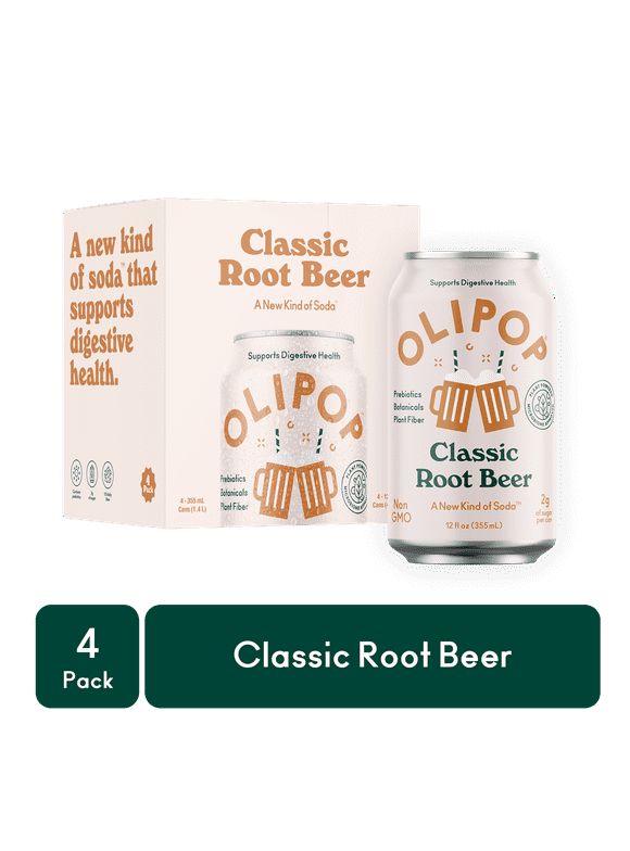 OLIPOP Prebiotic Soda, Classic Root Beer, 12 fl oz, 4 Pack