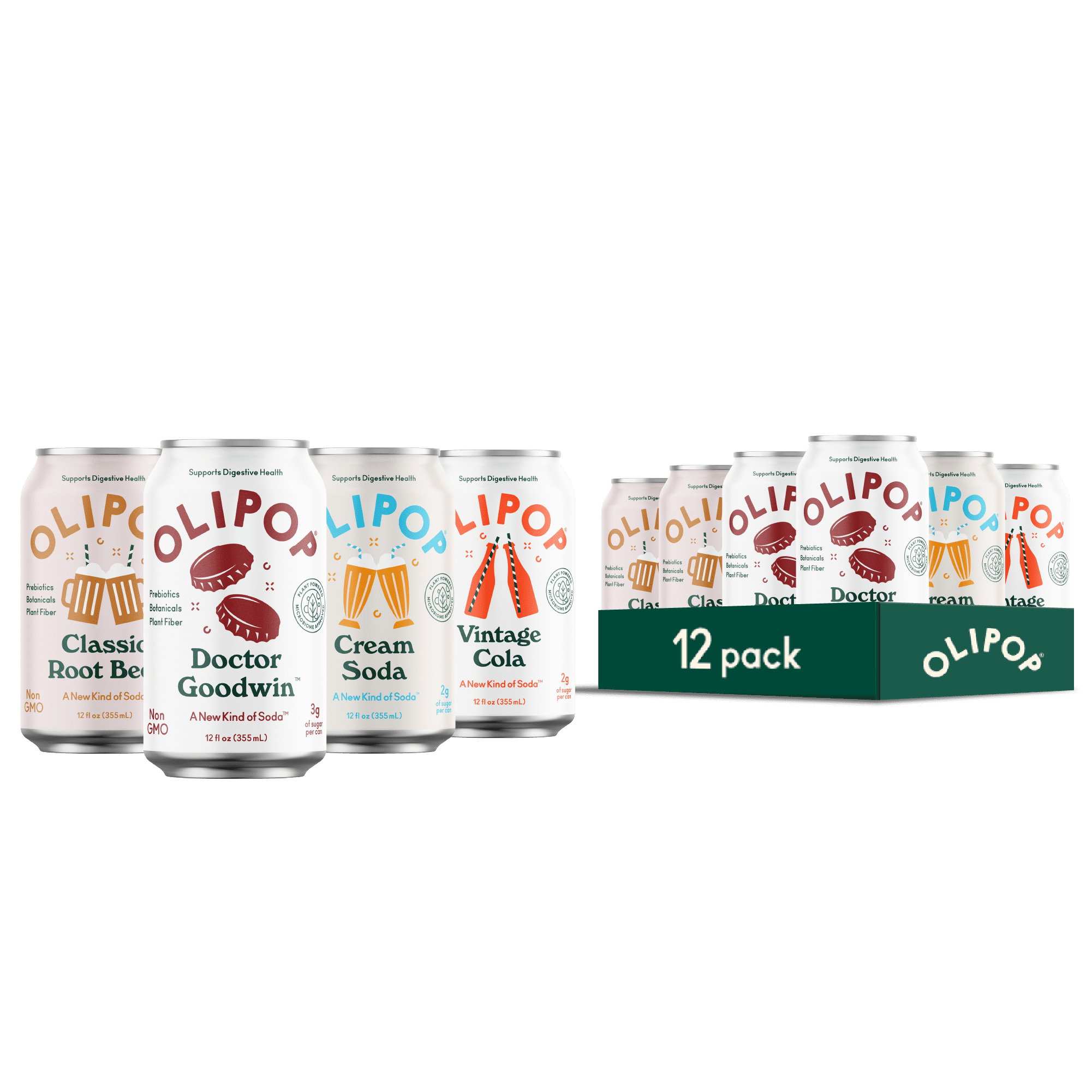 OLIPOP Prebiotic Soda, Classic Soda Variety Pack, 12 fl oz, 12 Pack