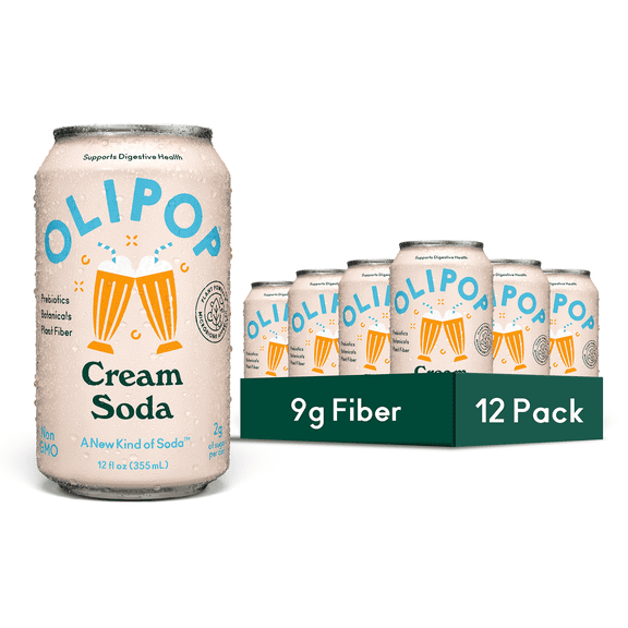 Olipop Prebiotic Soda Pop, Cream Soda, High Fiber, 12 fl oz 12 Pack