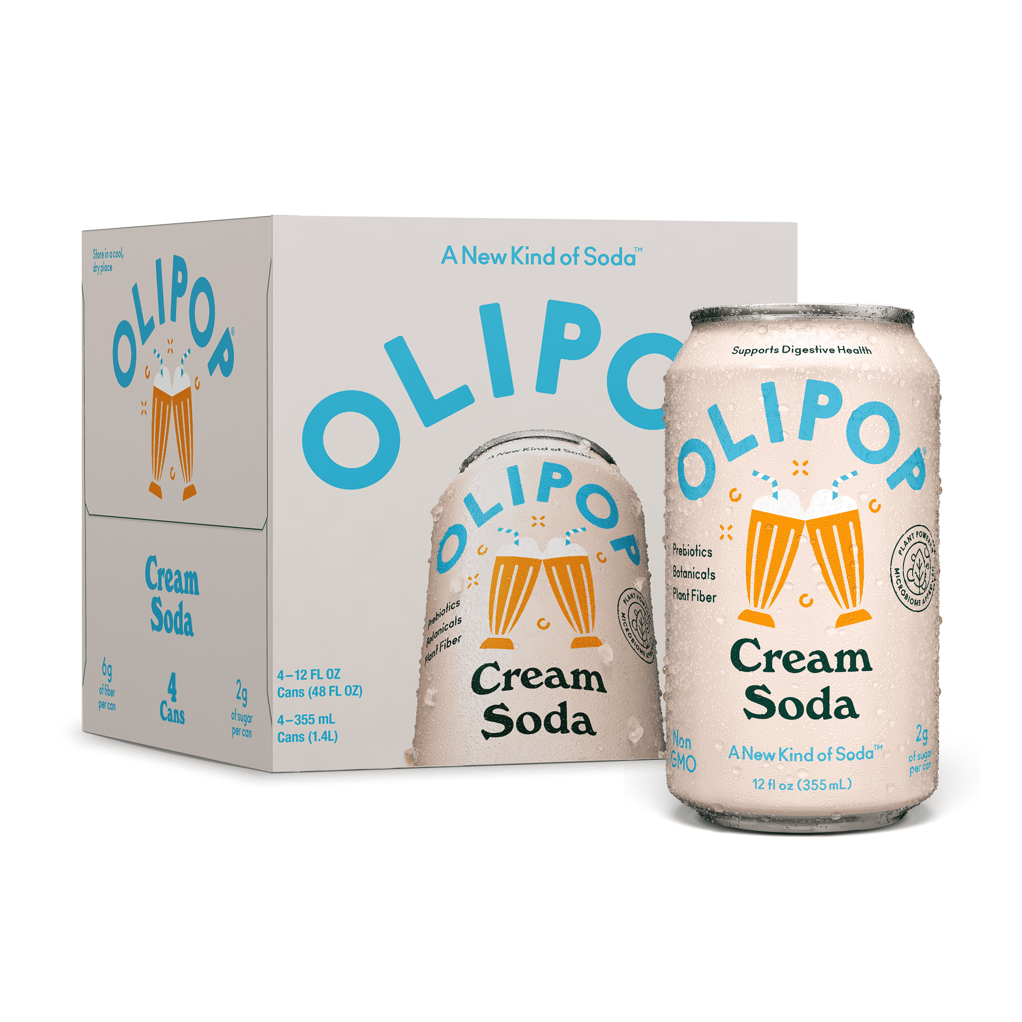 OLIPOP Prebiotic Soda, Cream Soda, 12 fl oz, 4 Pack, Pantry Packs