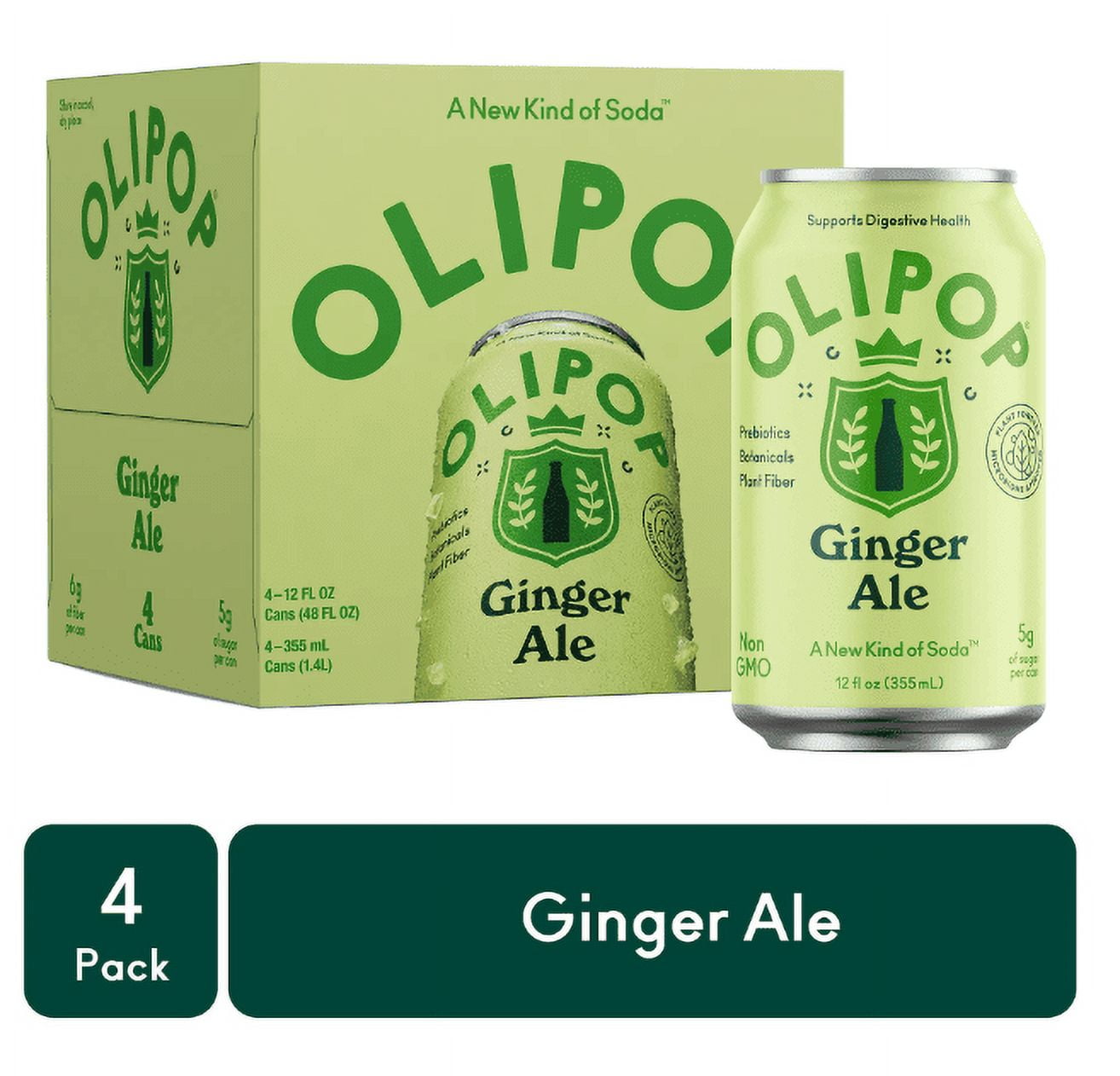 OLIPOP Prebiotic Soda, Ginger Ale, 12 fl oz, 4 Pack, Pantry Packs