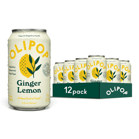 OLIPOP Prebiotic Soda, Ginger Lemon, 12 fl oz, 12 Pack, Refrigerated