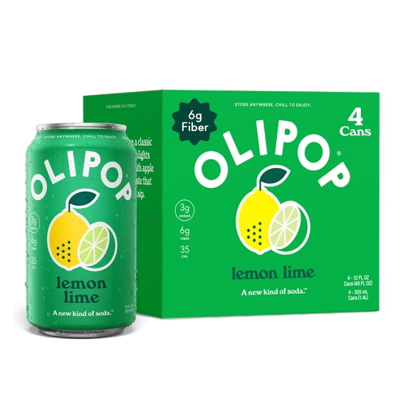 OLIPOP Prebiotic Soda, Lemon Lime, 12 fl oz, 4 Pack, Pantry Packs