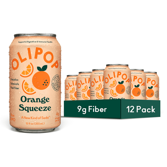 Olipop Prebiotic Soda Pop, Orange Squeeze, High Fiber, 12 fl oz 12 Pack
