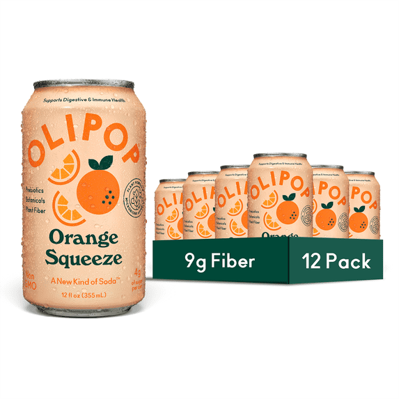 Olipop Prebiotic Soda Pop, Orange Squeeze, High Fiber, 12 fl oz 12 Pack