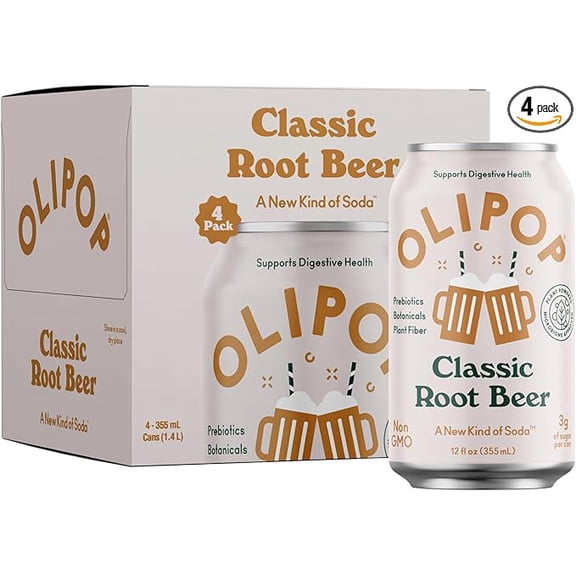 OLIPOP Prebiotic Soda Pop, Classic Root Beer, Prebiotics, Botanicals, Plant Fiber, 12 fl oz (4 Cans)