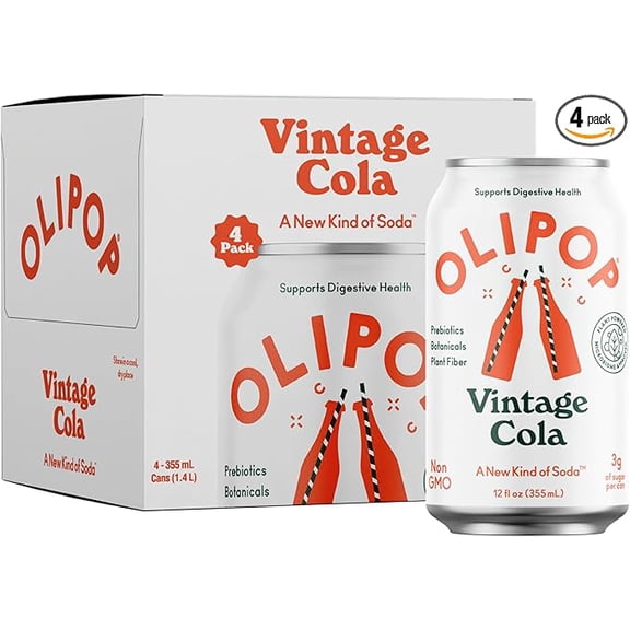 OLIPOP Prebiotic Soda Pop, Vintage Cola, Prebiotics, Botanicals, Plant Fiber, 12 fl oz (4 Cans)