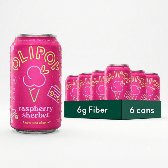 OLIPOP Prebiotic Soda Raspberry Sherbet, Shelf Stable Prebiotic Soft Drink, 12 fl oz Cans, 6-Pack