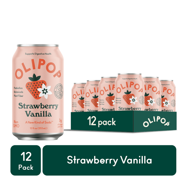 OLIPOP Prebiotic Soda, Strawberry Vanilla, 12 fl oz, 12 Pack