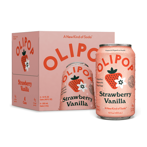 OLIPOP Prebiotic Soda, Strawberry Vanilla, 12 fl oz, 4 Pack, Pantry Packs (Pack of 2)