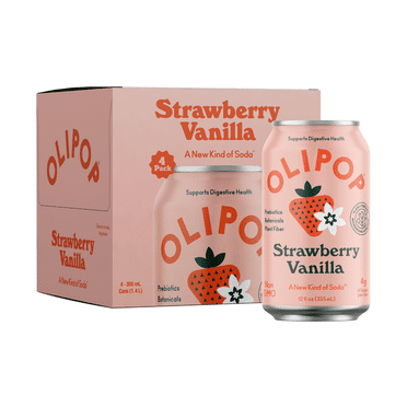 OLIPOP Prebiotic Soda, Strawberry Vanilla, 12 fl oz, 4 Pack, Pantry Packs