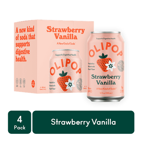 OLIPOP Prebiotic Soda, Strawberry Vanilla, 12 fl oz, 4 Pack, Refrigerated