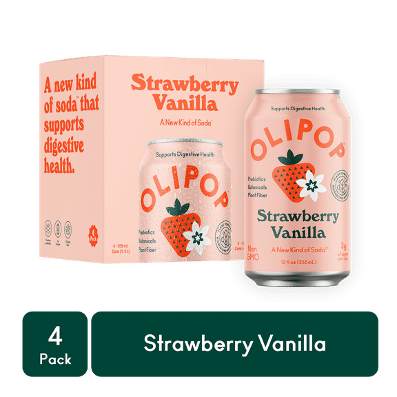 OLIPOP Prebiotic Soda, Strawberry Vanilla, 12 fl oz, 4 Pack, Refrigerated