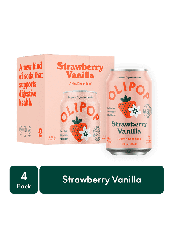 OLIPOP Prebiotic Soda, Strawberry Vanilla, 12 fl oz, 4 Pack