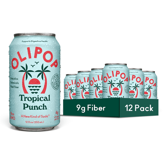 Olipop Prebiotic Soda Pop, Tropical Punch, High Fiber, 12 fl oz 12 Pack