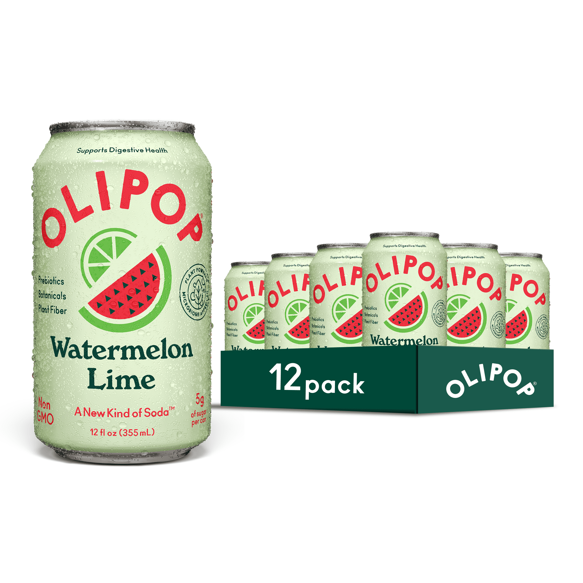 OLIPOP Prebiotic Soda, Watermelon Lime, 12 fl oz, 12 Pack, Refrigerated