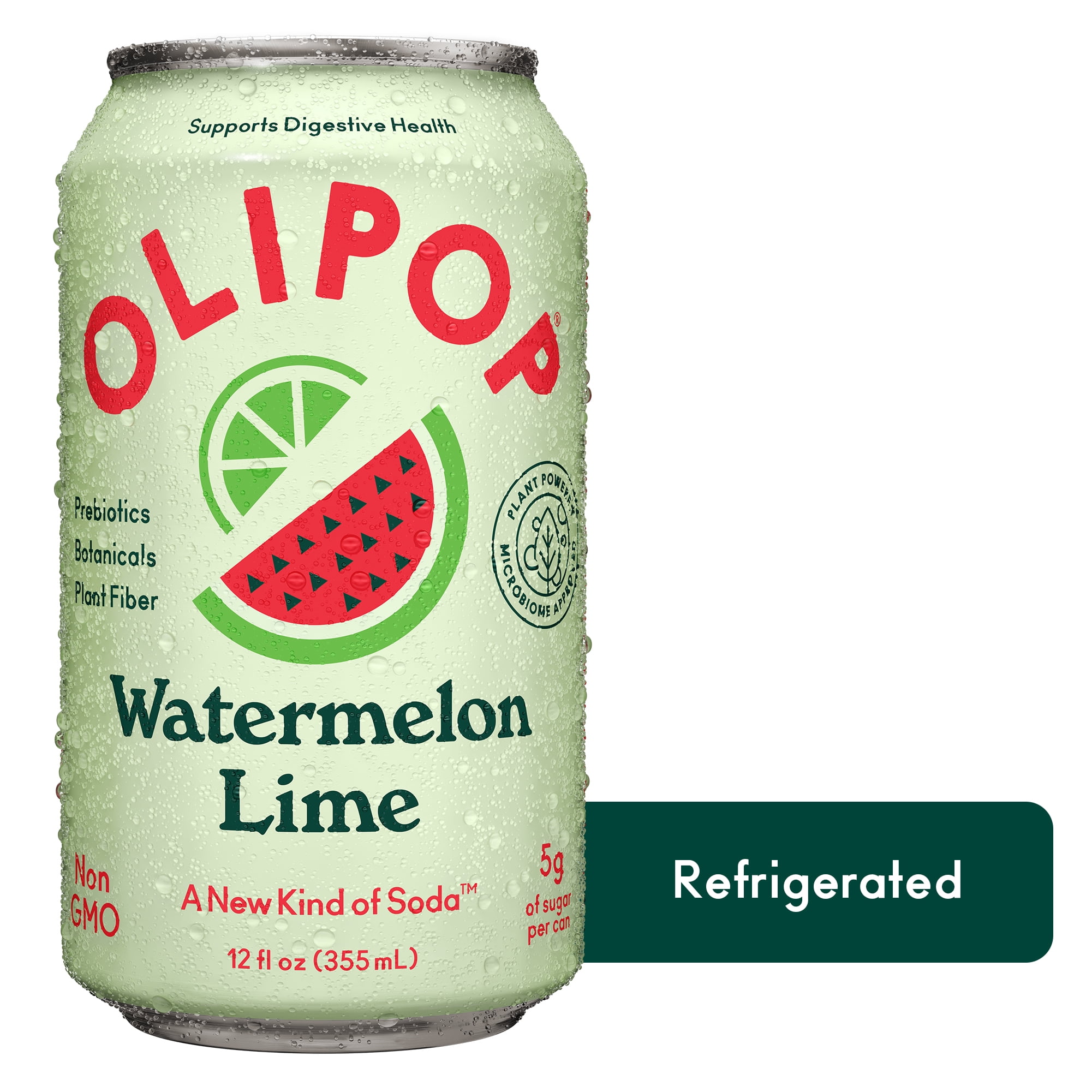 OLIPOP Prebiotic Soda, Watermelon Lime, 12 fl oz, Refrigerated
