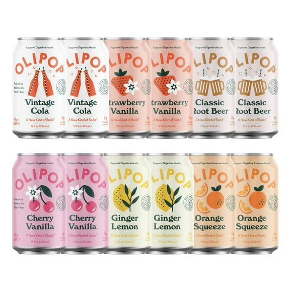 OLIPOP - The Sampler, 6-Flavor Soda Variety Pack, Healthy Soda, Prebiotic Soft Drinks, Supports Digestive Health & Gut Health, High Fiber, Low Calorie, Low Sugar, Vegan (12 oz, 12-Pack)