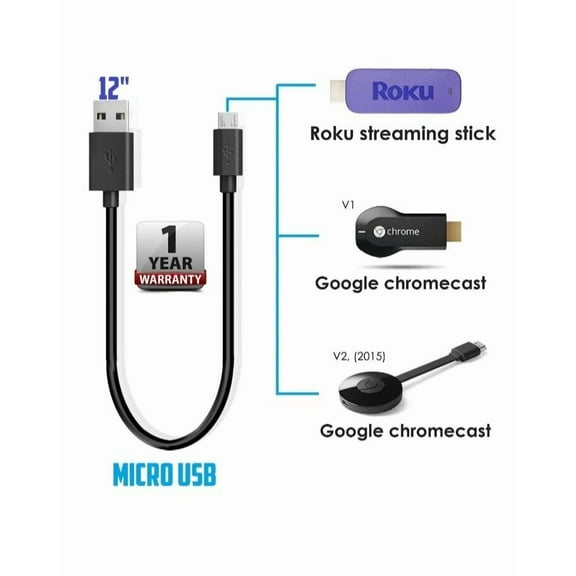 OLIVE- ?12 1 Ft Short Power Cable Cord For Roku, Chrome Or Amazon Streaming Stick